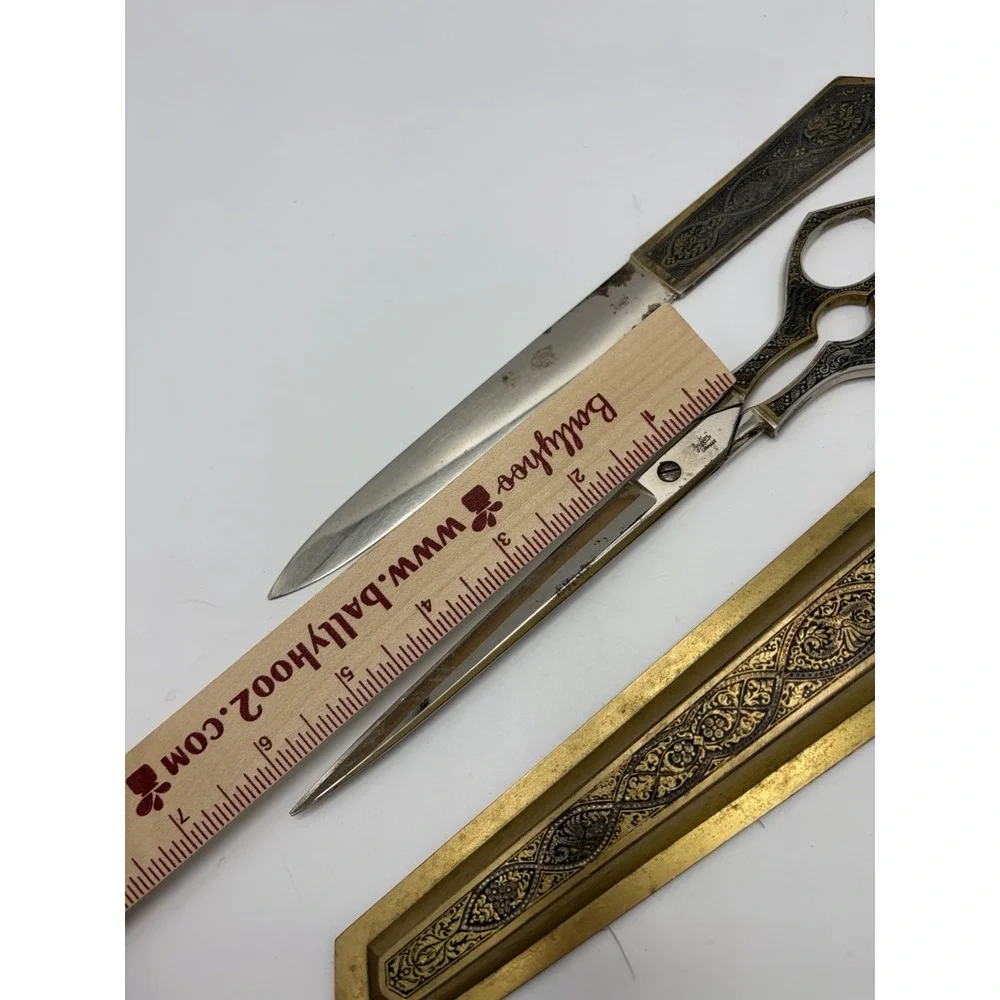 Vintage Griffon Germany Metal Scissors Letter Opener Desk Set Engraved Victorian